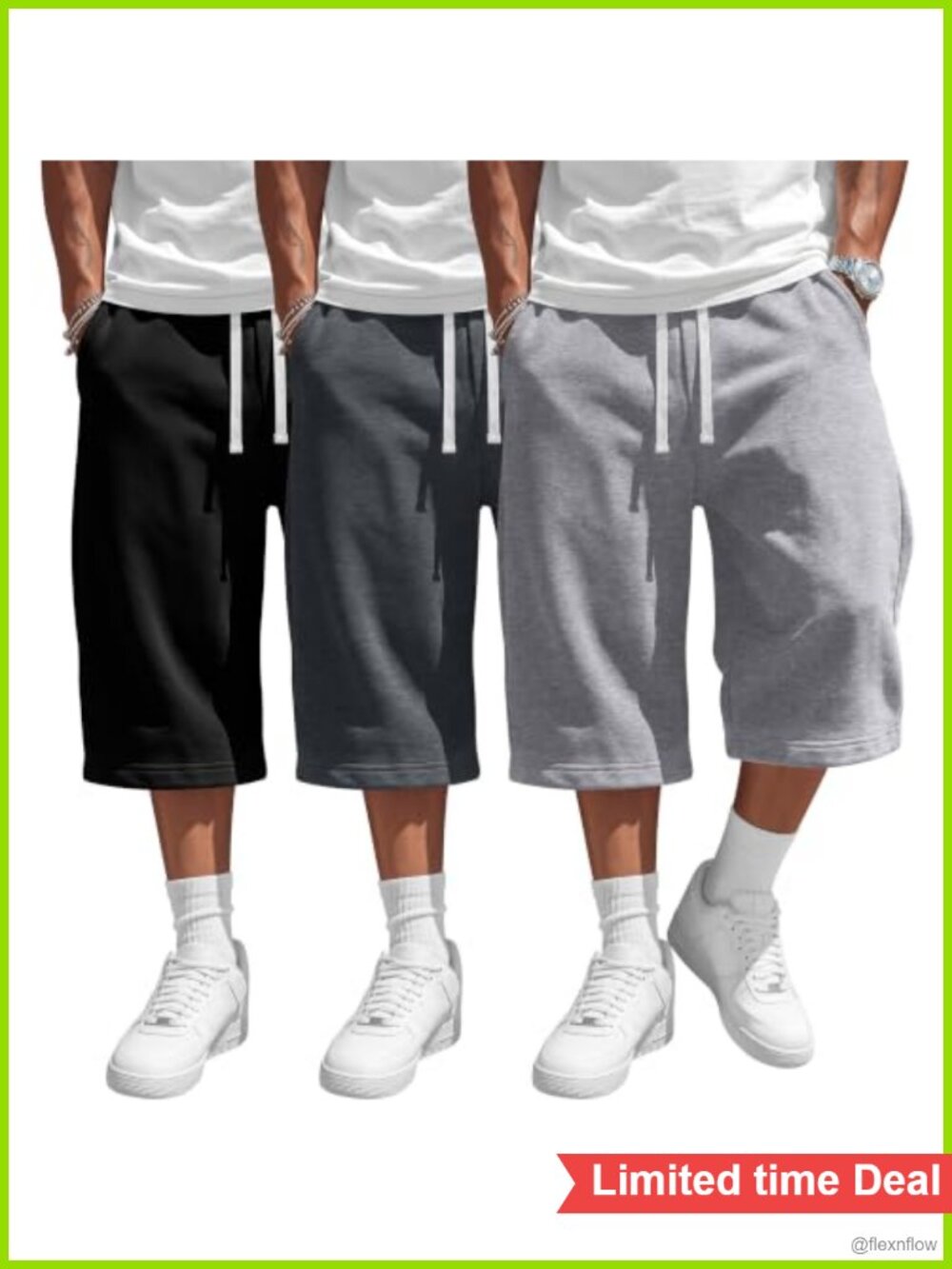 3 Pack Men's Baggy Capri Pants Loose Fit Cropped Joggers Drawstring